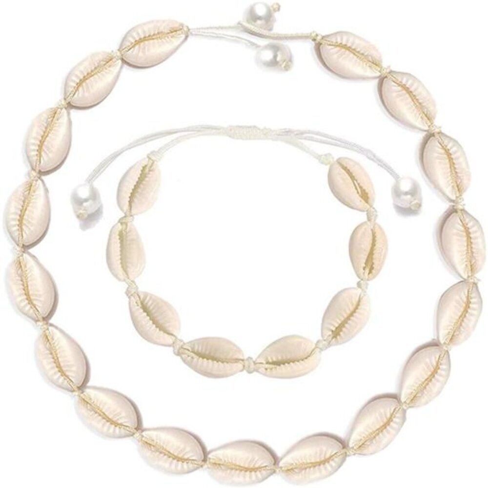 Natural Shell Necklace Bracelet Anklet Set, Handmade Adjustable Summer BOHO